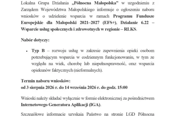 Nabór wniosków o wsparcie z Funduszy Europejskich dla Małopolski – usługi opiekuńcze