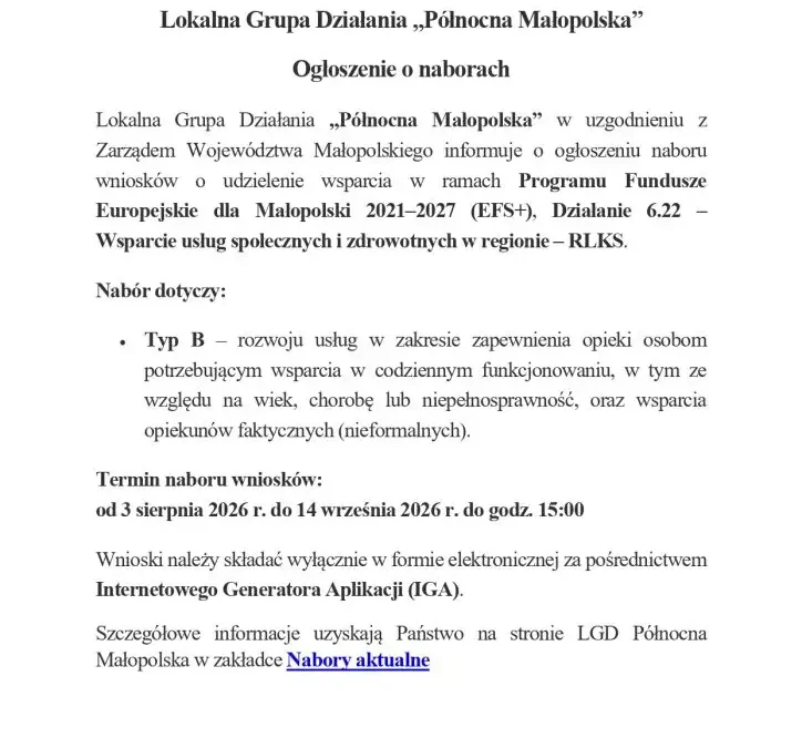 Nabór wniosków o wsparcie z Funduszy Europejskich dla Małopolski – usługi opiekuńcze