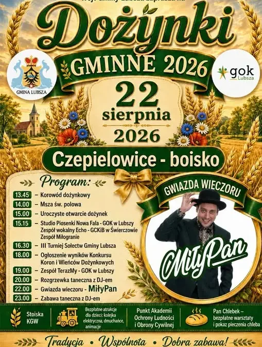 Dożynki Gminne 2026 w Czepielowicach: korowód, turniej sołectw i koncert Miłego Pana