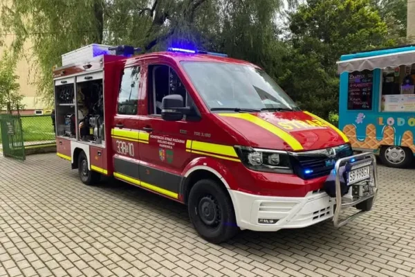 Interwencja OSP Kamienica przy ul. Karpackiej – niebezpiecznie pochylone drzewo
