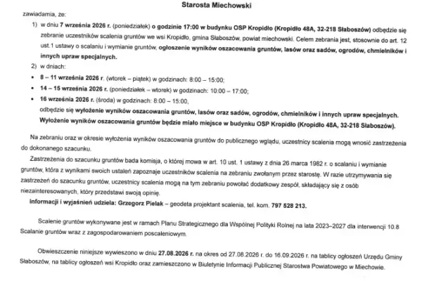 Scalenie gruntów w Kropidle: Starosta Miechowski ogłasza wyniki szacunków