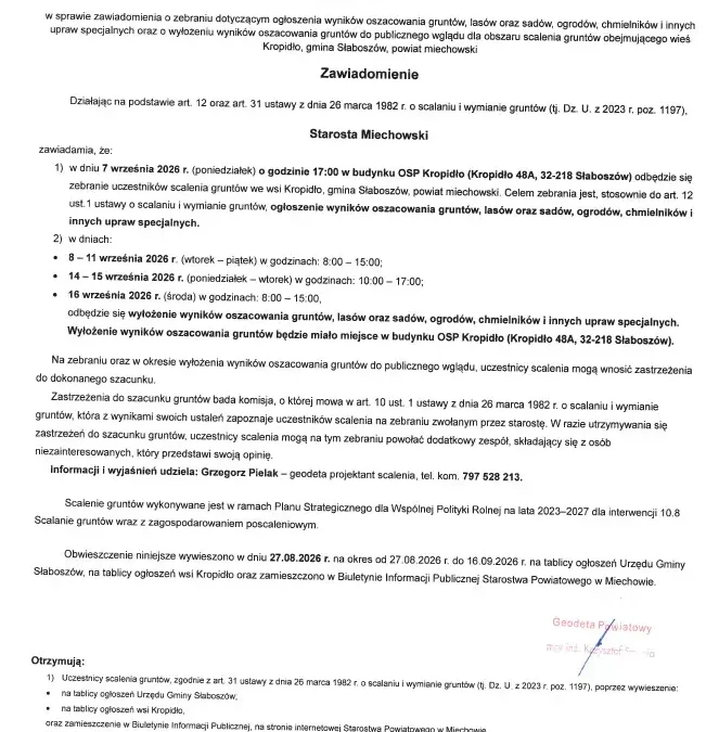 Scalenie gruntów w Kropidle: Starosta Miechowski ogłasza wyniki szacunków