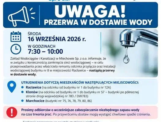 Przerwa w dostawie wody w Racławicach, Klonowie i Marchocicach – 16 września
