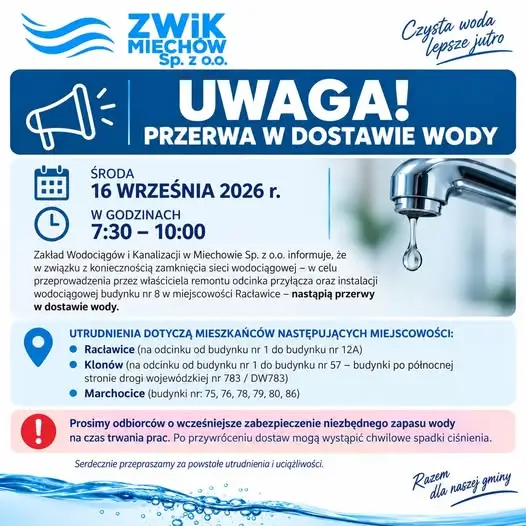 Przerwa w dostawie wody w Racławicach, Klonowie i Marchocicach – 16 września